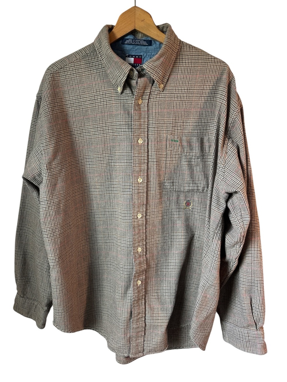 Vintage 90s Tommy Hilfiger Herringbone Crest Button Down Dress Shirt XL Cotton